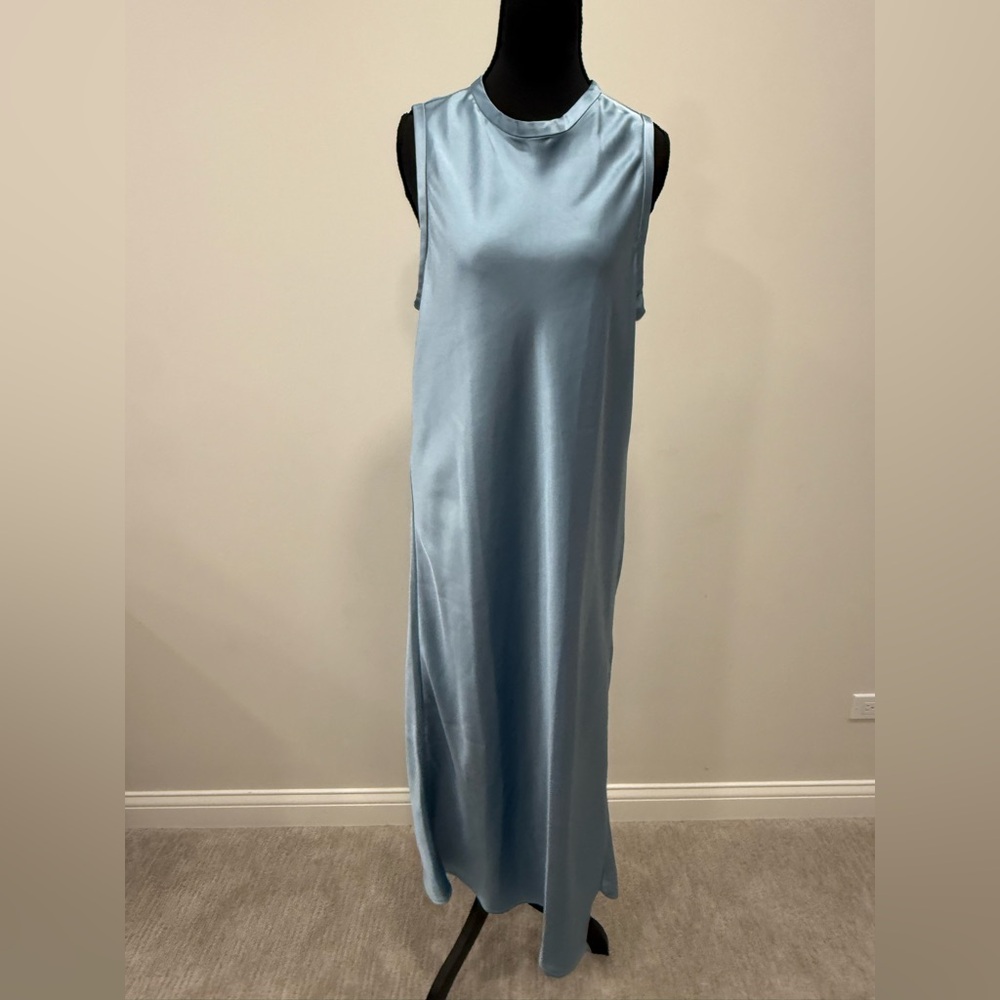 Zara Blue Sleeveless Satin Crew Neck Maxi Gown